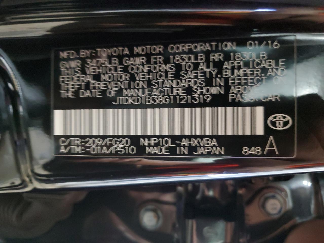 2016 Toyota Prius C VIN: JTDKDTB38G1121319 Lot: 55255145