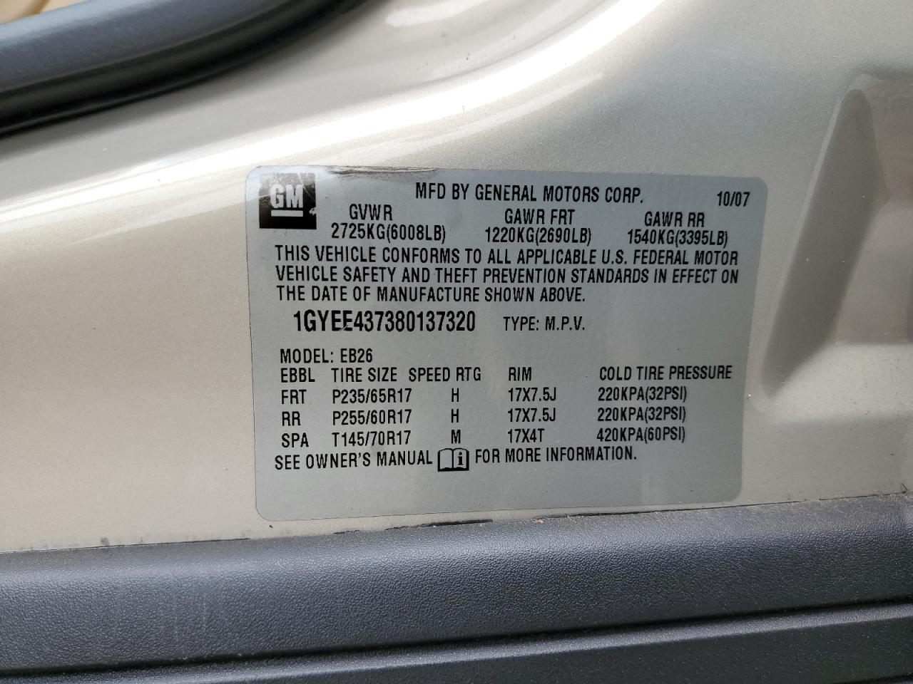 2008 Cadillac Srx VIN: 1GYEE437380137320 Lot: 58853675