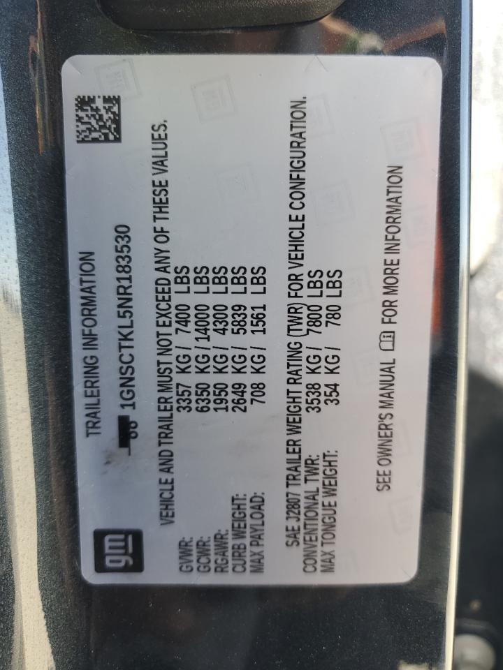 2022 Chevrolet Tahoe C1500 High Country VIN: 1GNSCTKL5NR183530 Lot: 59045385