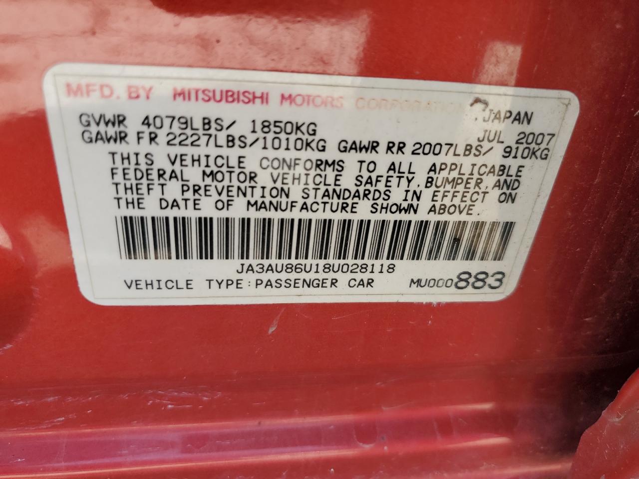 2008 Mitsubishi Lancer Gts VIN: JA3AU86U18U028118 Lot: 57032755