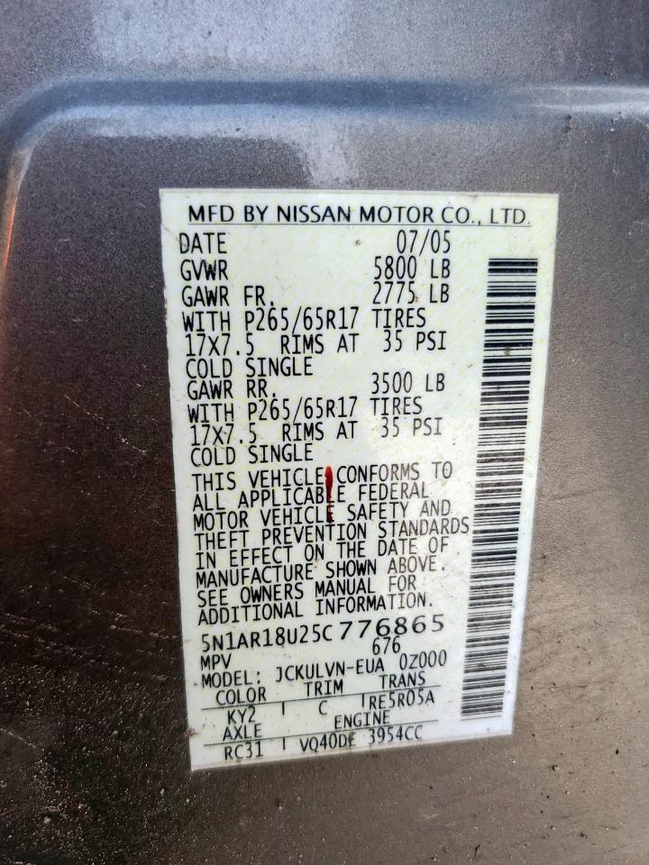 2005 Nissan Pathfinder Le VIN: 5N1AR18U25C776865 Lot: 57057595