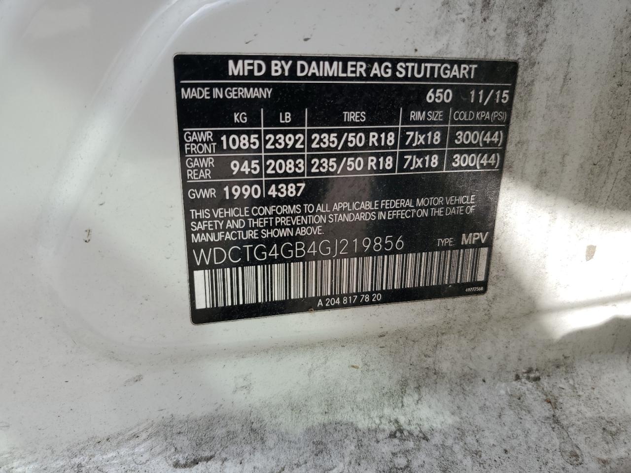 2016 Mercedes-Benz Gla 250 4Matic VIN: WDCTG4GB4GJ219856 Lot: 57042495