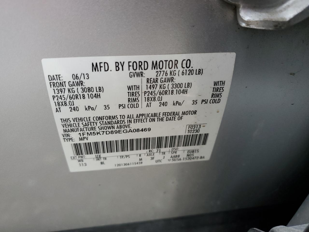 2014 Ford Explorer Xlt VIN: 1FM5K7D89EGA08469 Lot: 58084895