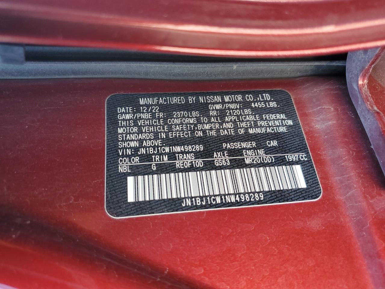 2022 Nissan Rogue Sport Sl VIN: JN1BJ1CW1NW498289 Lot: 56579825