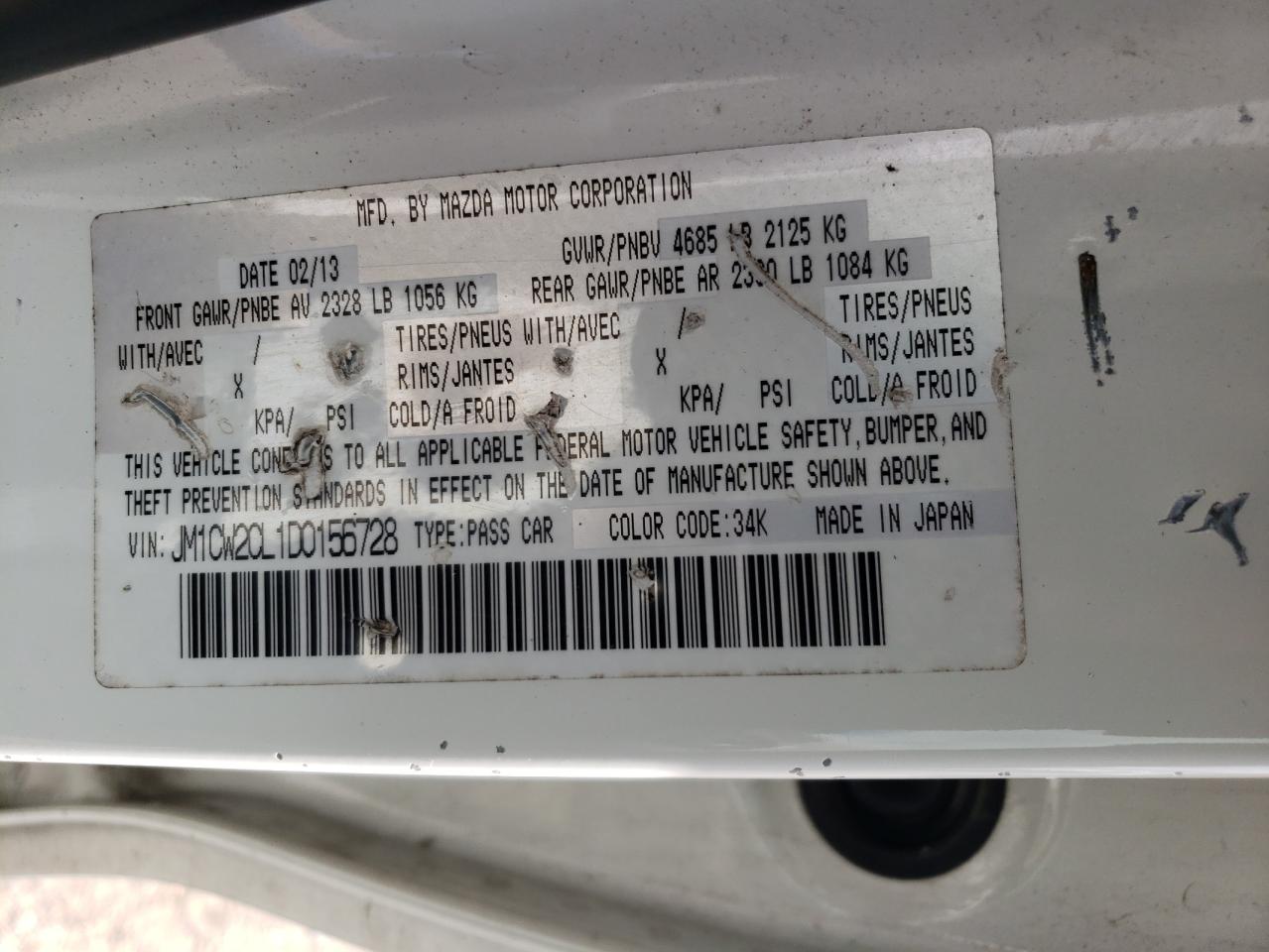 2013 Mazda 5 VIN: JM1CW2CL1D0156728 Lot: 57866005