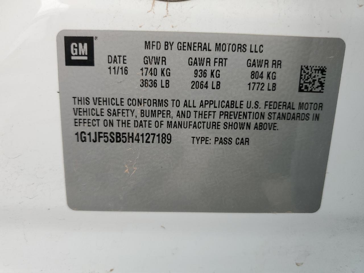 2017 Chevrolet Sonic Premier VIN: 1G1JF5SB5H4127189 Lot: 56143455