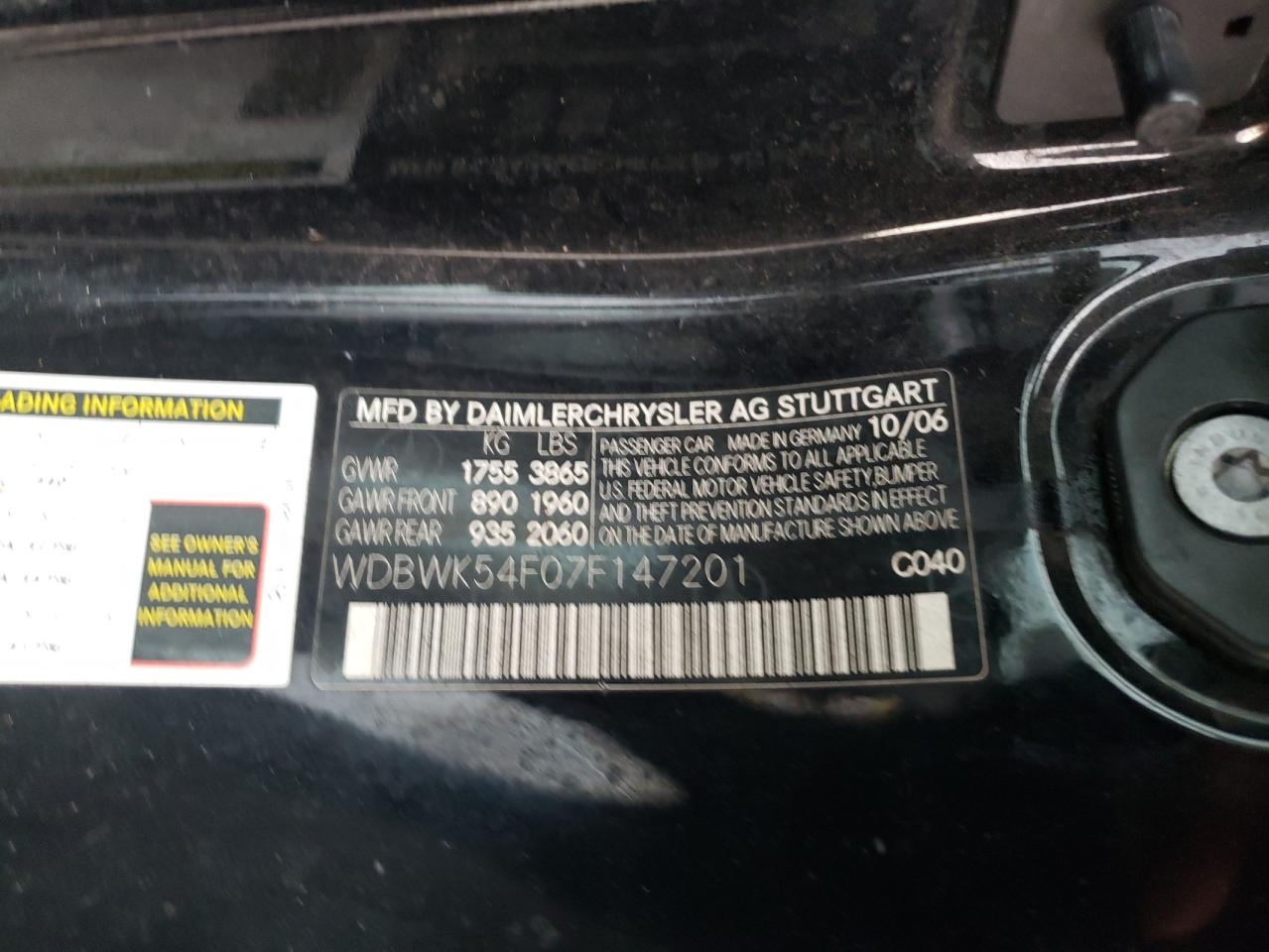 2007 Mercedes-Benz Slk 280 VIN: WDBWK54F07F147201 Lot: 55793015