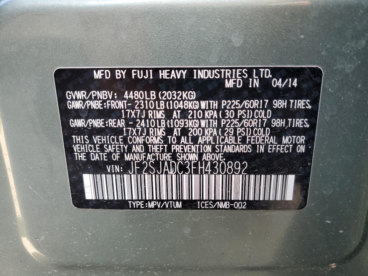 2015 Subaru Forester 2.5I Premium VIN: JF2SJADC3FH430892 Lot: 56333325