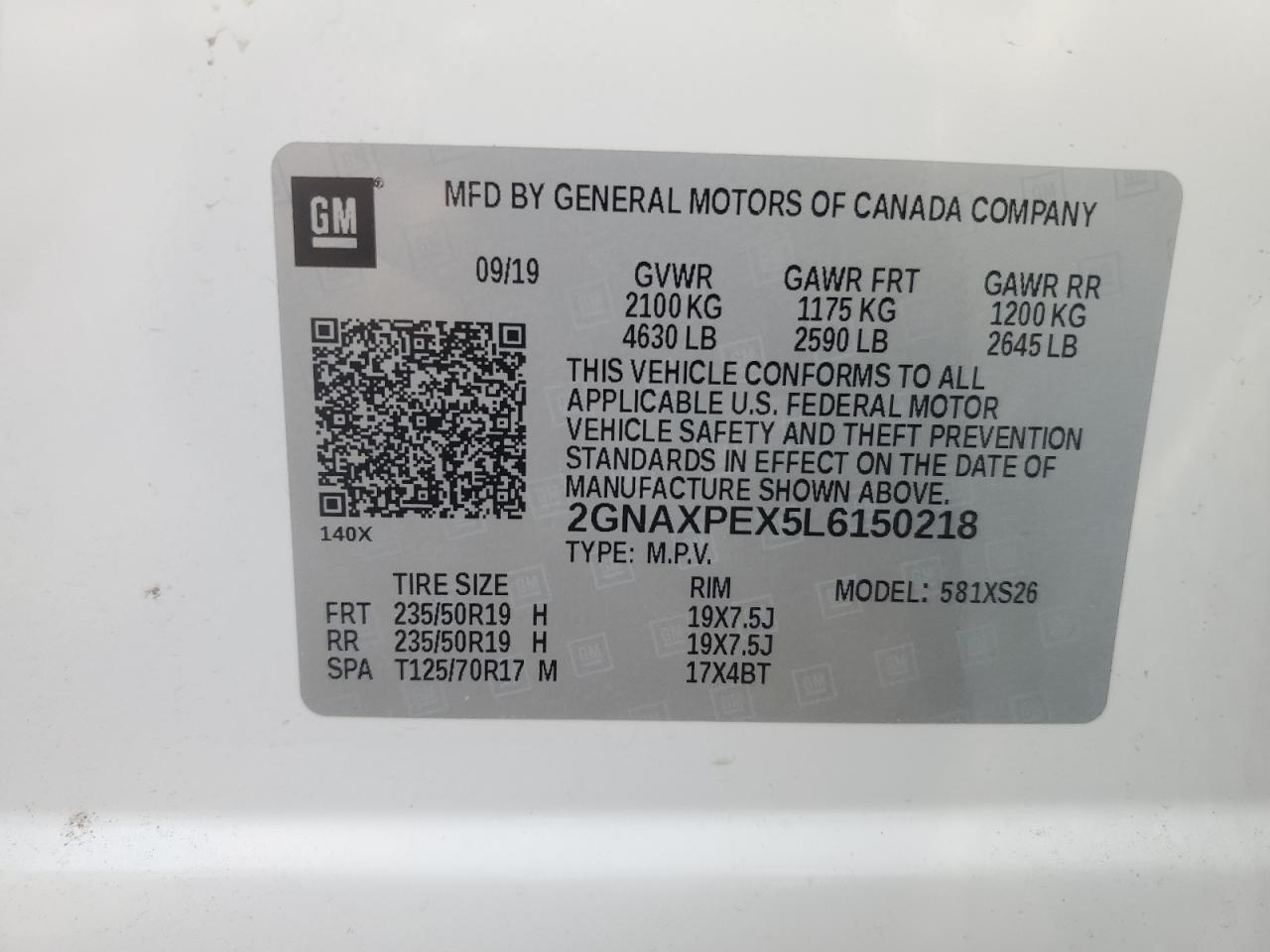 2020 Chevrolet Equinox Premier VIN: 2GNAXPEX5L6150218 Lot: 56929395