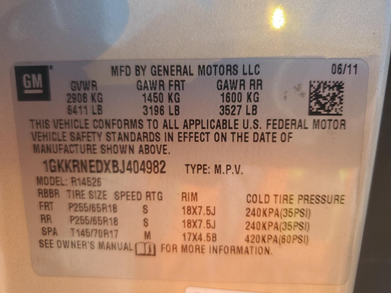 2011 GMC Acadia Sle VIN: 1GKKRNEDXBJ404982 Lot: 57300825