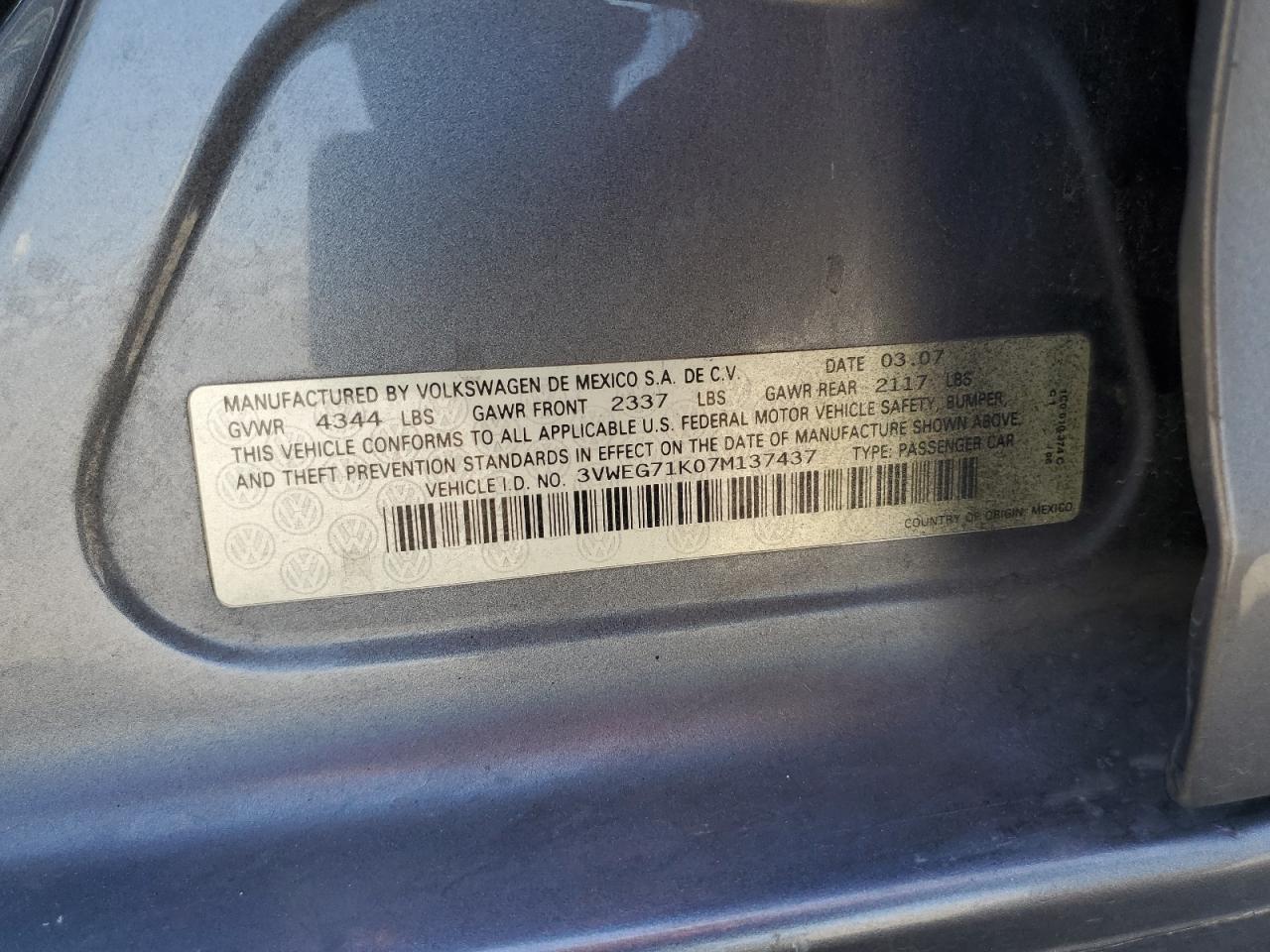 2007 Volkswagen Jetta Wolfsburg VIN: 3VWEG71K07M137437 Lot: 55778385