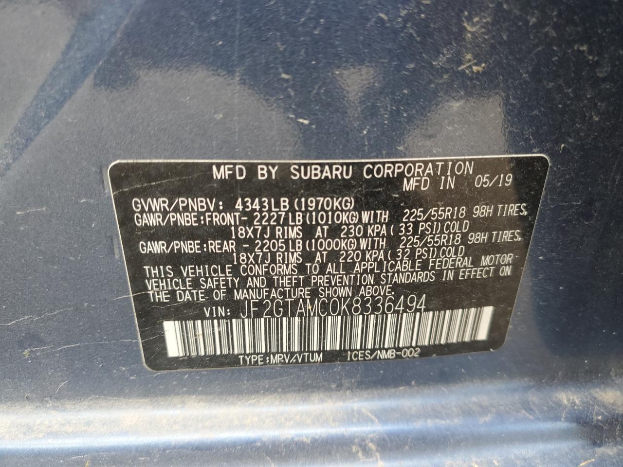 2019 Subaru Crosstrek Limited VIN: JF2GTAMC0K8336494 Lot: 56951325