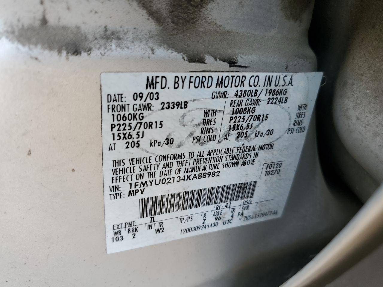 2004 Ford Escape Xls VIN: 1FMYU02134KA88982 Lot: 57037915