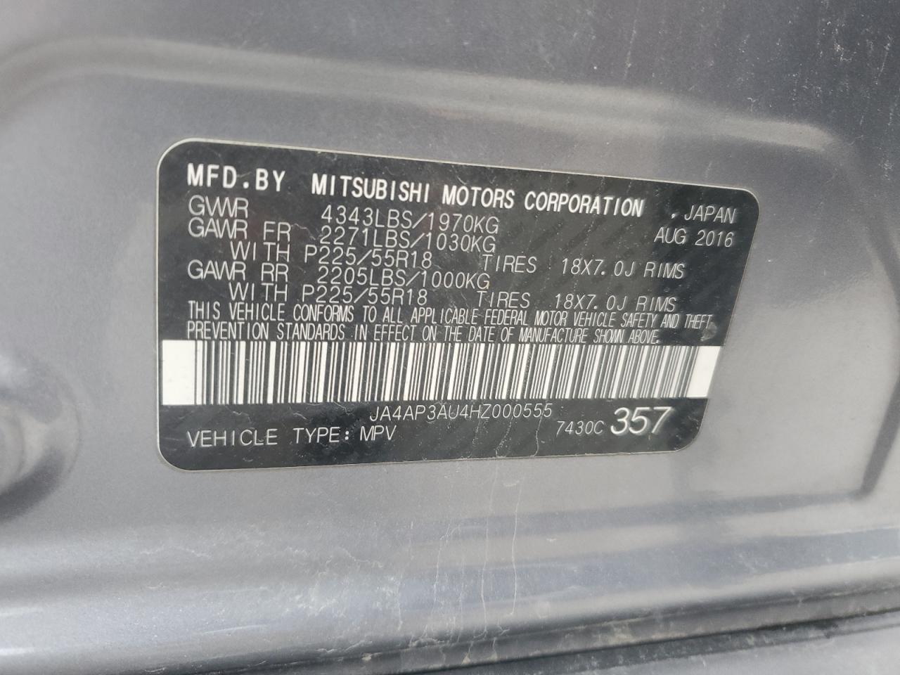 2017 Mitsubishi Outlander Sport Es VIN: JA4AP3AU4HZ000555 Lot: 56390215