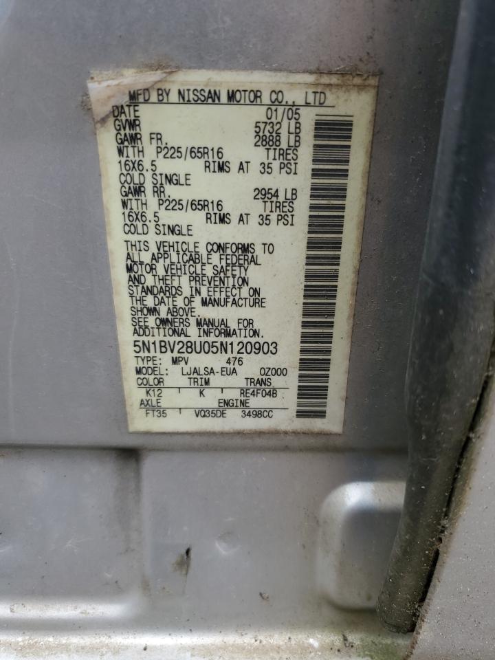 2005 Nissan Quest S VIN: 5N1BV28U05N120903 Lot: 51995905
