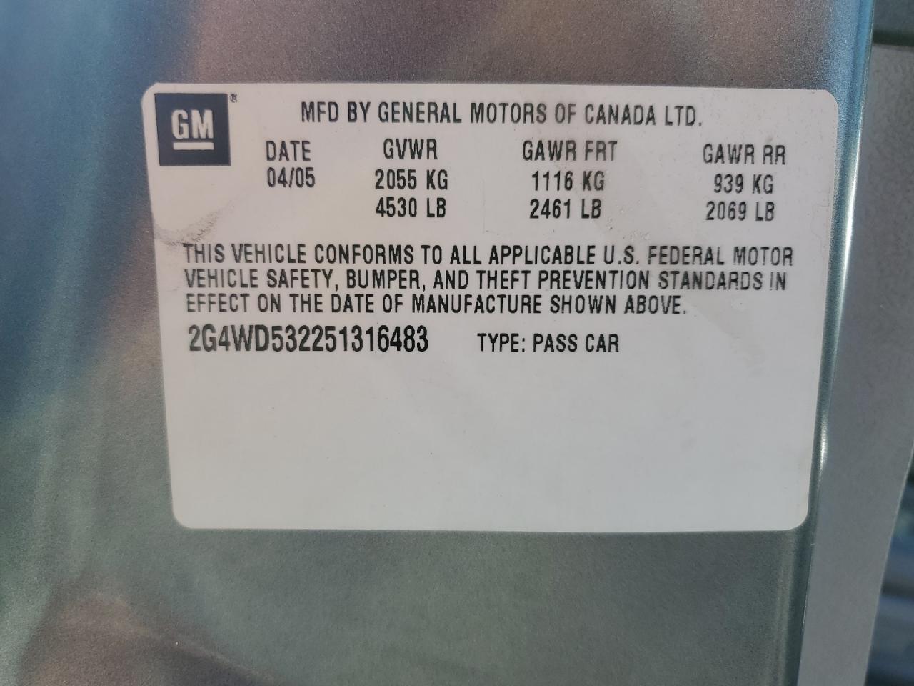 2005 Buick Lacrosse Cxl VIN: 2G4WD532251316483 Lot: 55982355