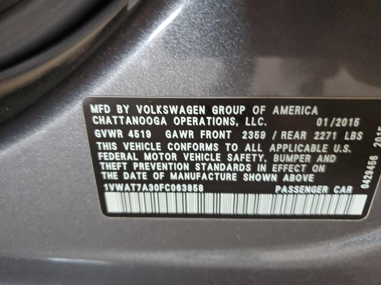 2015 Volkswagen Passat S VIN: 1VWAT7A30FC063858 Lot: 57595595