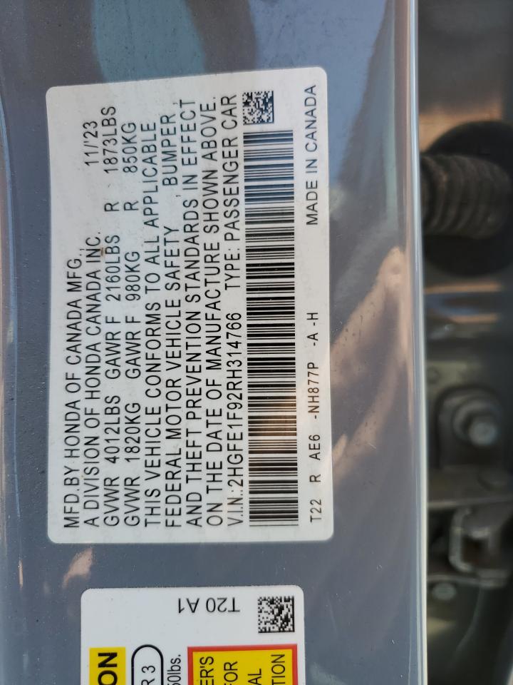 2024 Honda Civic Touring VIN: 2HGFE1F92RH314766 Lot: 57817815