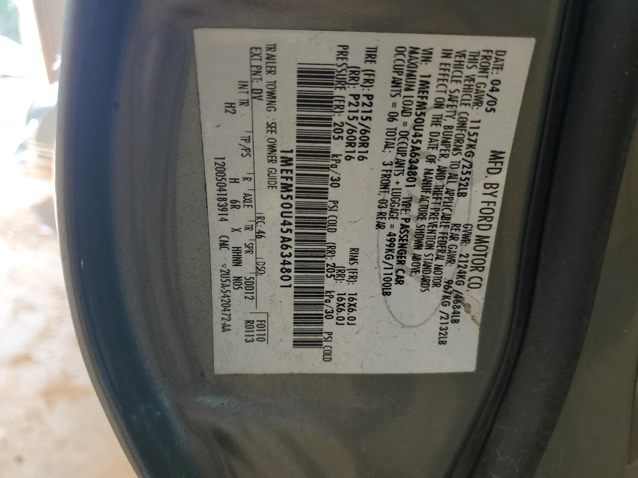 2005 Mercury Sable Gs VIN: 1MEFM50U45A634801 Lot: 56095575