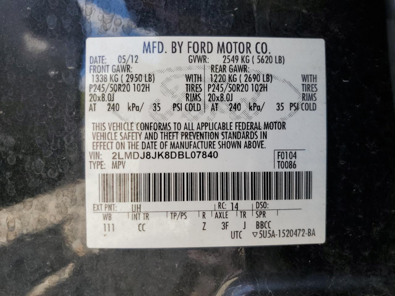 2013 Lincoln Mkx VIN: 2LMDJ8JK8DBL07840 Lot: 57094865