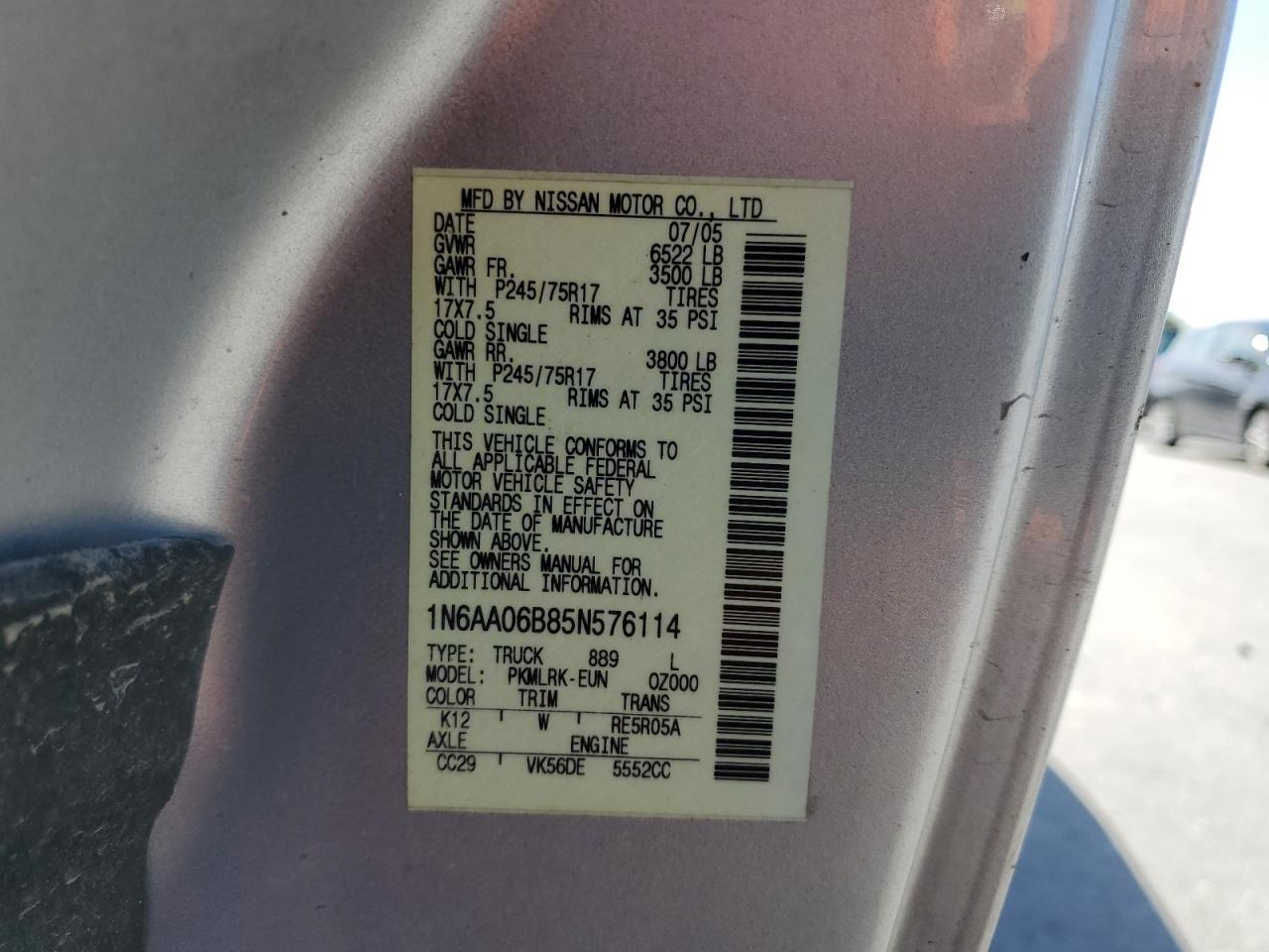 2005 Nissan Titan Xe VIN: 1N6AA06B85N576114 Lot: 56907645