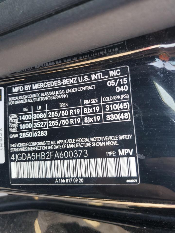 2015 Mercedes-Benz Ml 350 4Matic VIN: 4JGDA5HB2FA600373 Lot: 58872645
