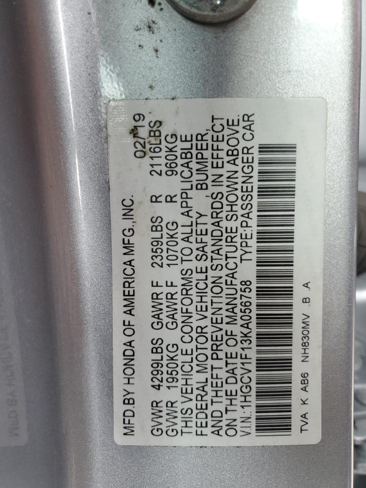 2019 Honda Accord Lx VIN: 1HGCV1F13KA056758 Lot: 58125165