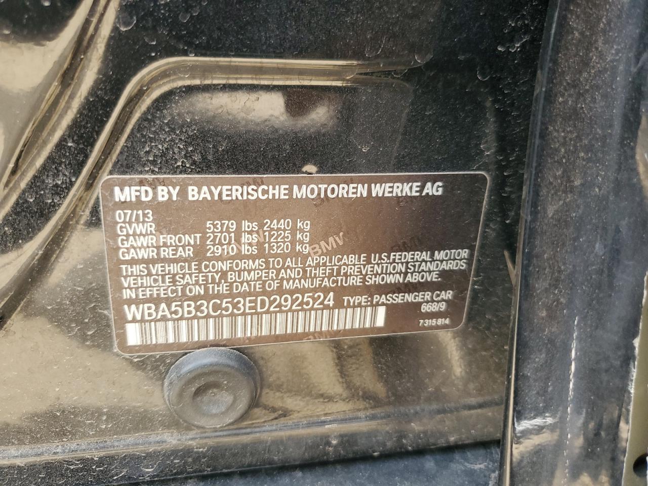 2014 BMW 535 Xi VIN: WBA5B3C53ED292524 Lot: 57086785