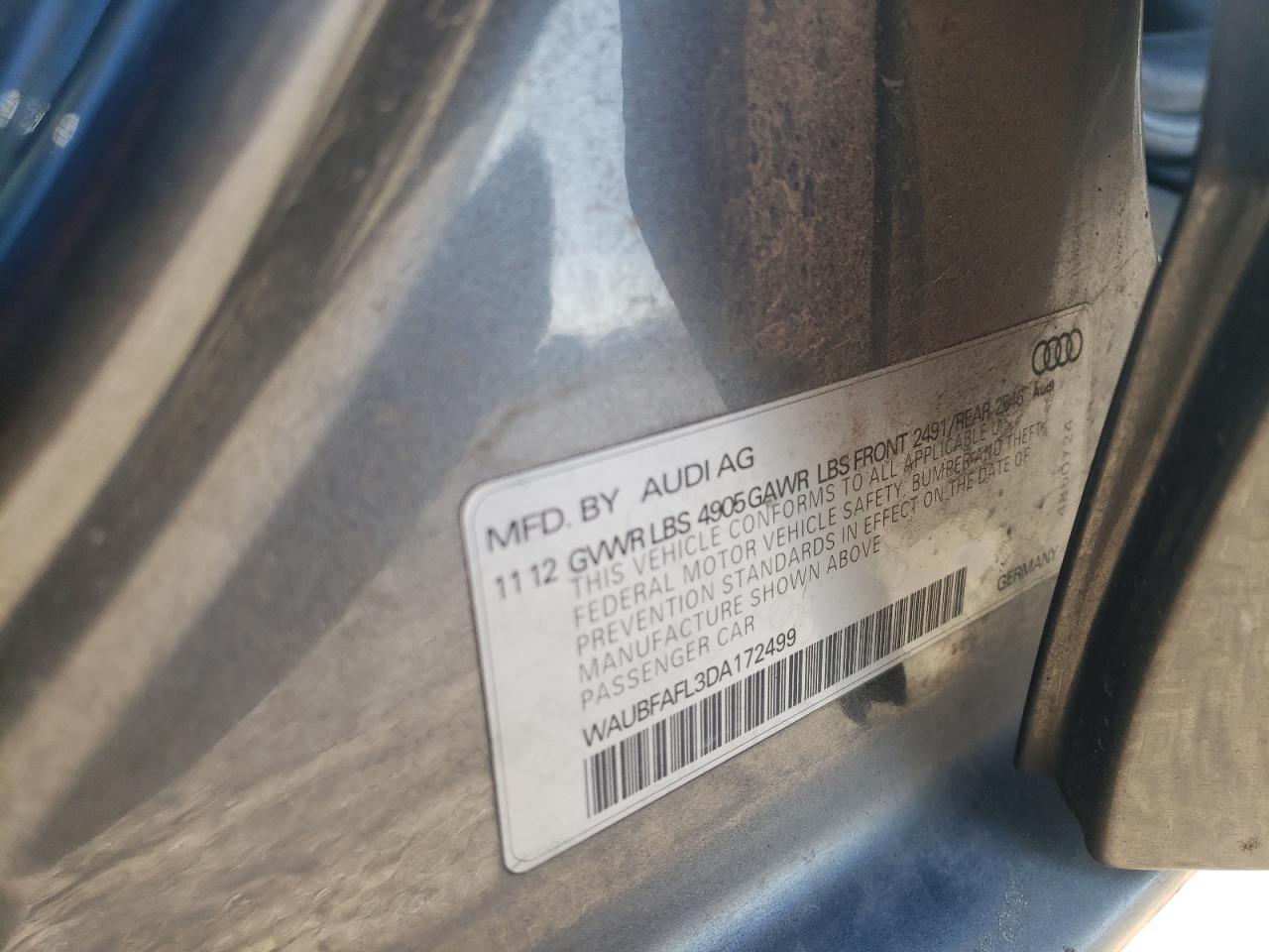 2013 Audi A4 Premium VIN: WAUBFAFL3DA172499 Lot: 56747405