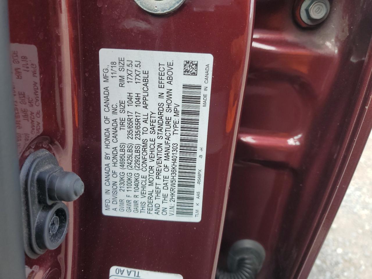 2019 Honda Cr-V Lx VIN: 2HKRW5H36KH401303 Lot: 56906475