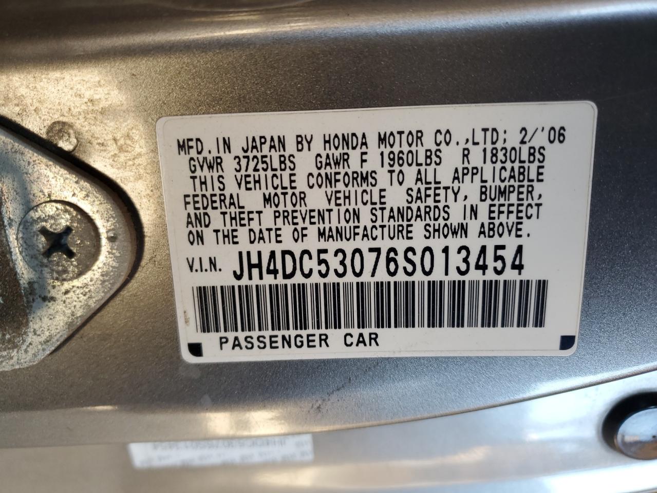 2006 Acura Rsx Type-S VIN: JH4DC53076S013454 Lot: 56227565