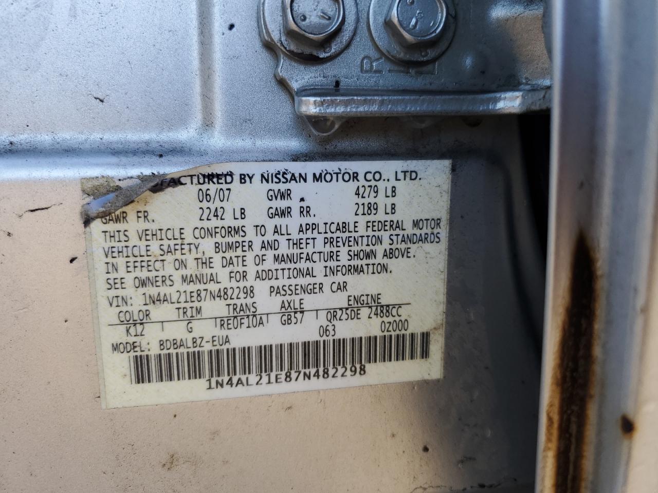 2007 Nissan Altima 2.5 VIN: 1N4AL21E87N482298 Lot: 56504495