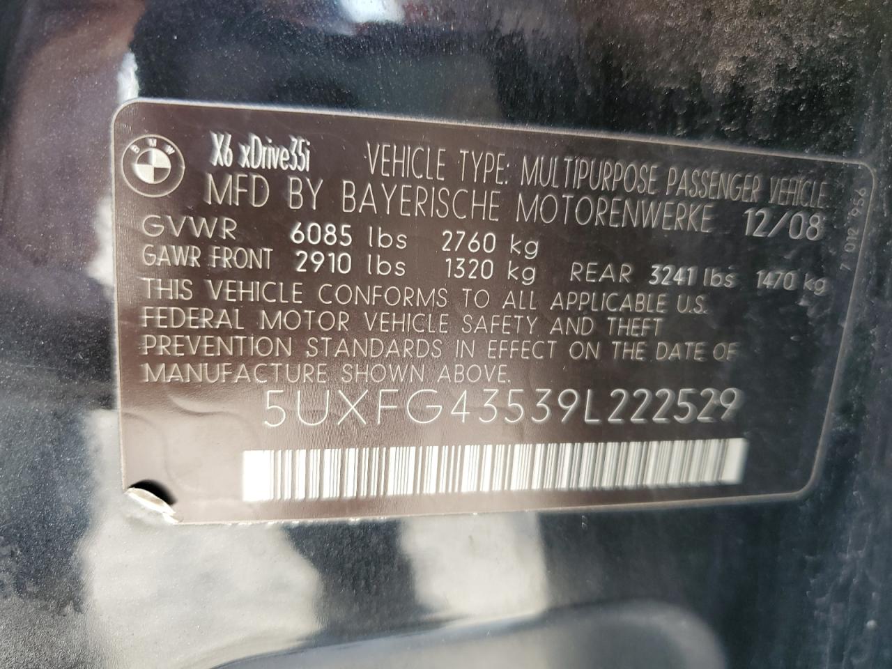 2009 BMW X6 xDrive35I VIN: 5UXFG43539L222529 Lot: 56643035