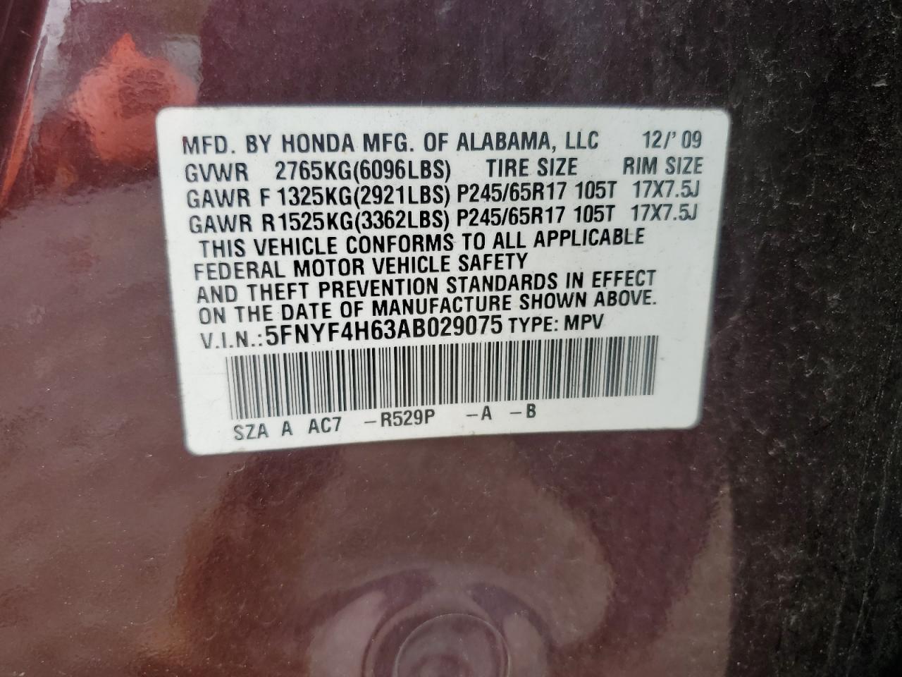 2010 Honda Pilot Exl VIN: 5FNYF4H63AB029075 Lot: 57304605