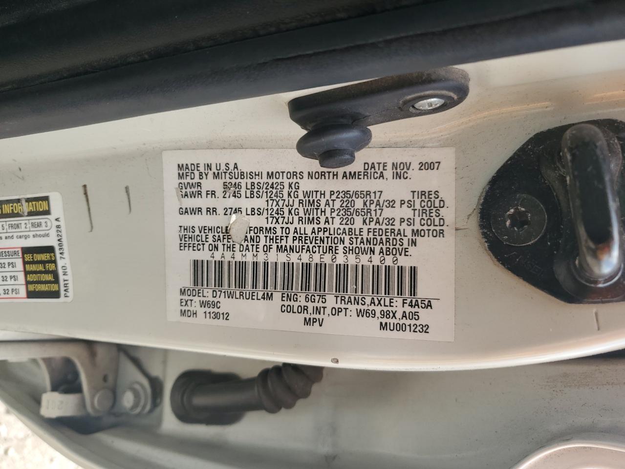 2008 Mitsubishi Endeavor Se VIN: 4A4MM31S48E035400 Lot: 56637875