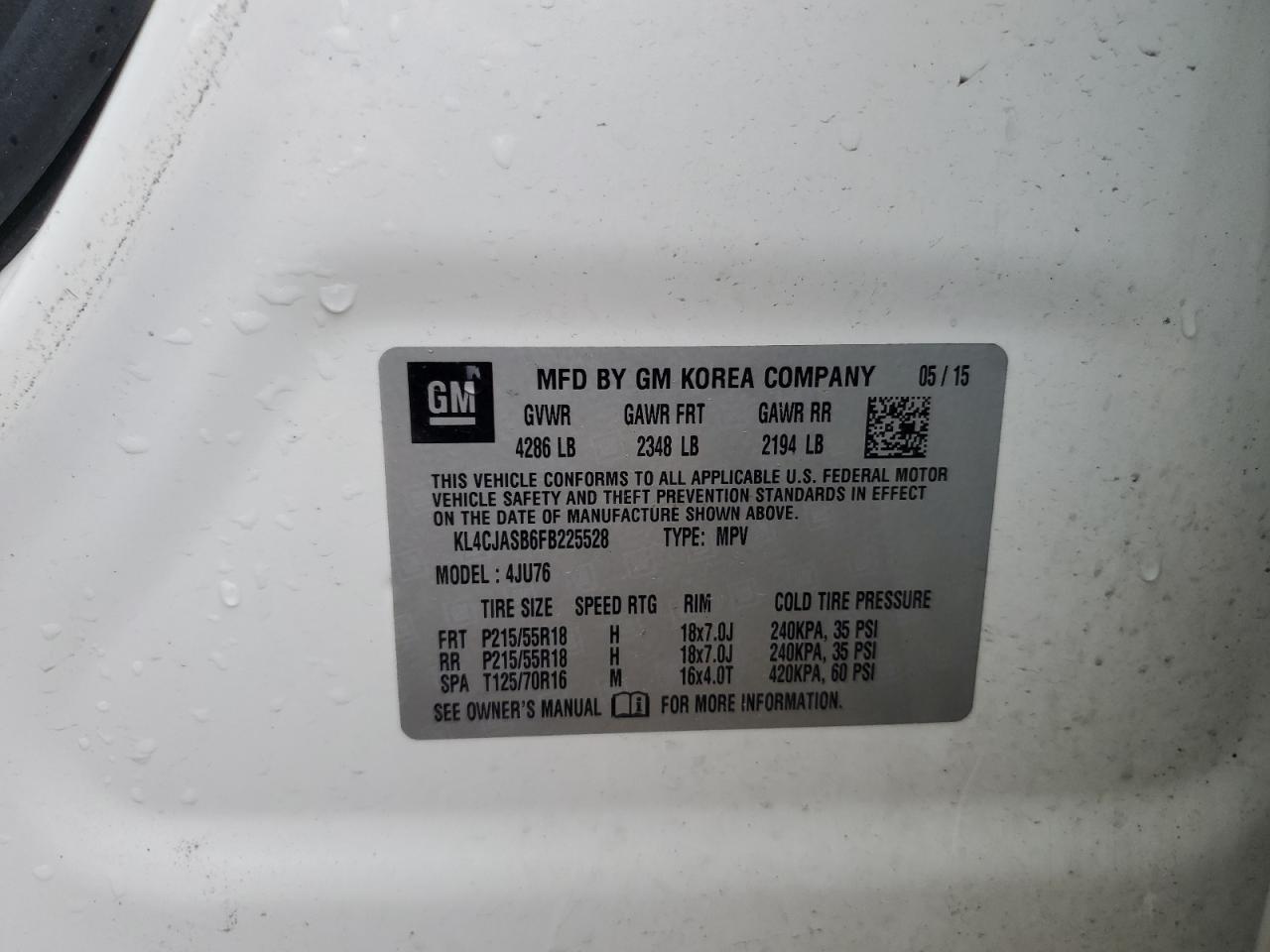 2015 BUICK ENCORE with FRONT END damage, VIN KL4CJASB6FB225528