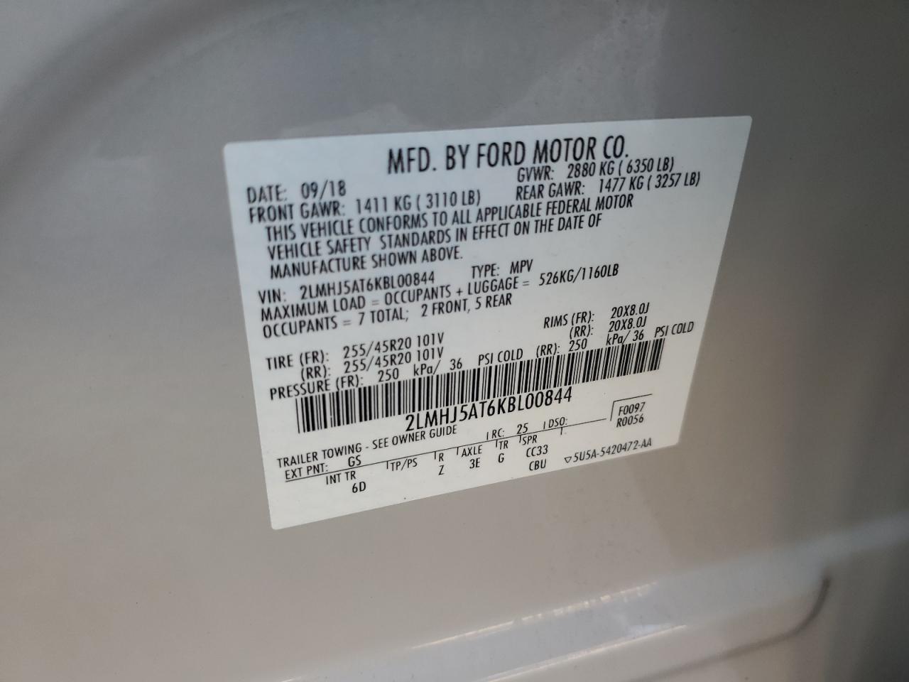 2019 Lincoln Mkt VIN: 2LMHJ5AT6KBL00844 Lot: 56292165