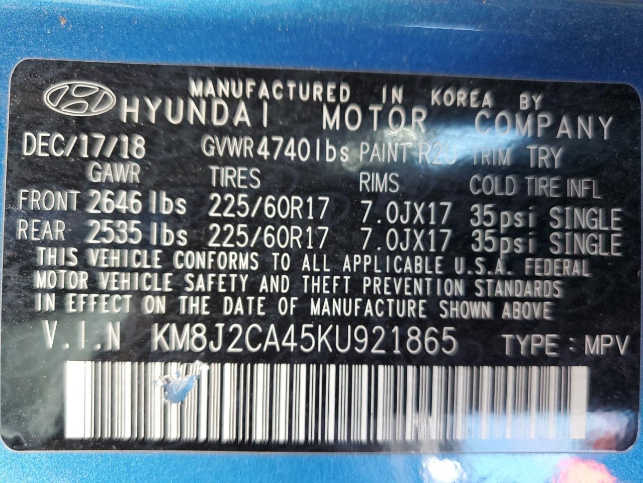 2019 Hyundai Tucson Se VIN: KM8J2CA45KU921865 Lot: 56722485