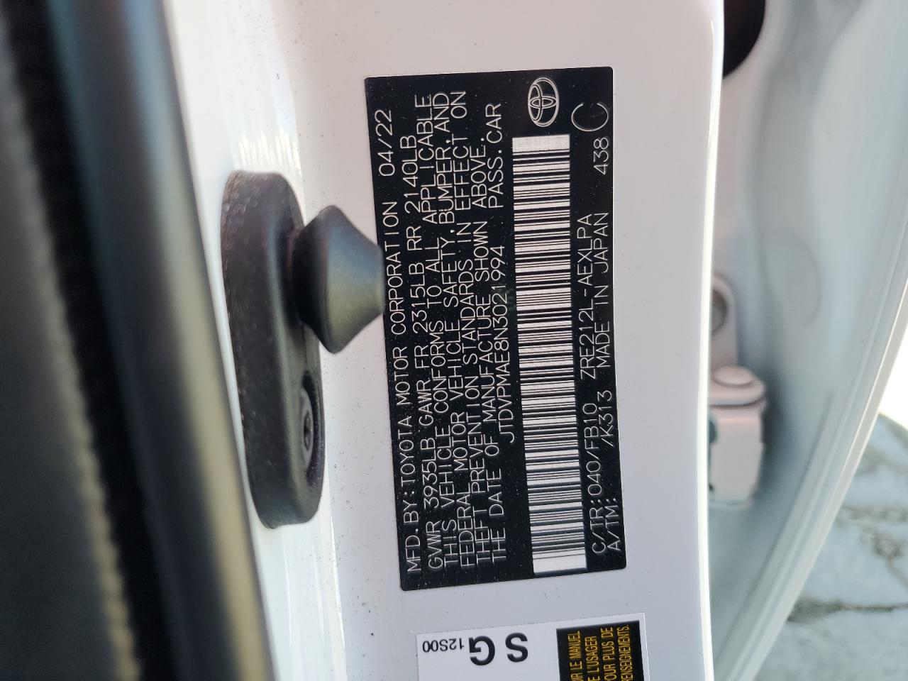 2022 Toyota Corolla Le VIN: JTDVPMAE8N3021994 Lot: 57161485