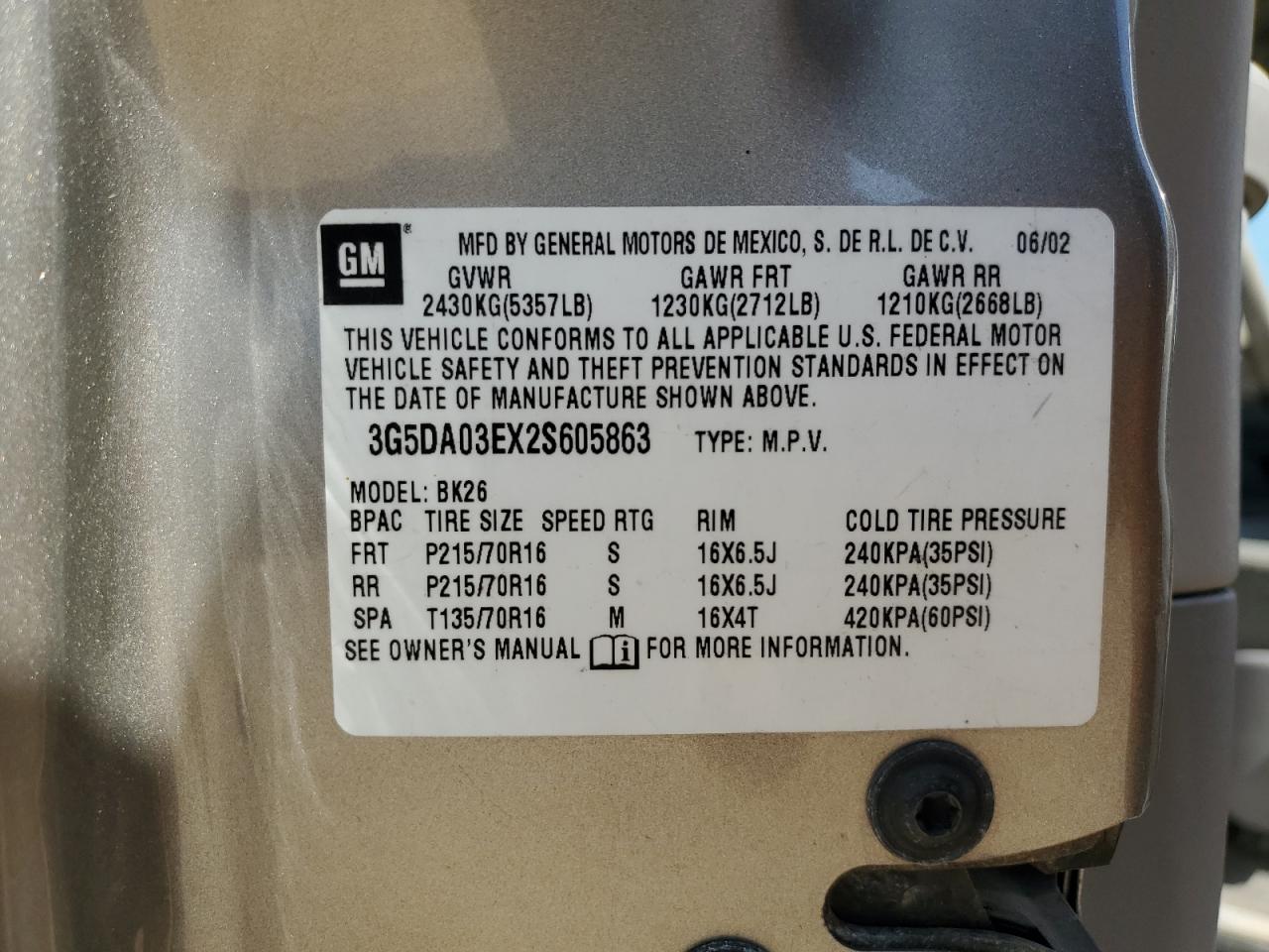 2002 Buick Rendezvous Cx VIN: 3G5DA03EX2S605863 Lot: 55438665