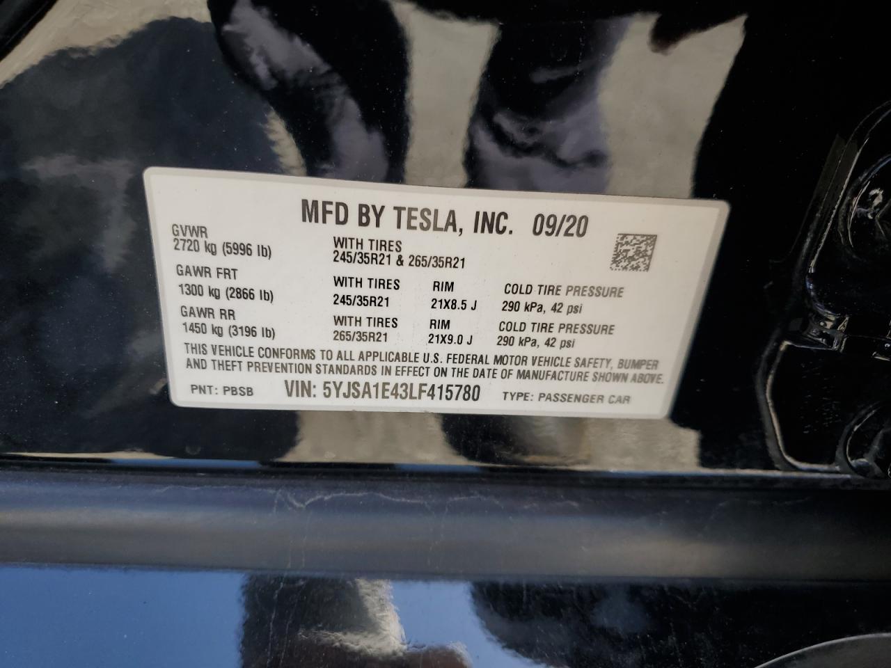2020 Tesla Model S VIN: 5YJSA1E43LF415780 Lot: 56511455