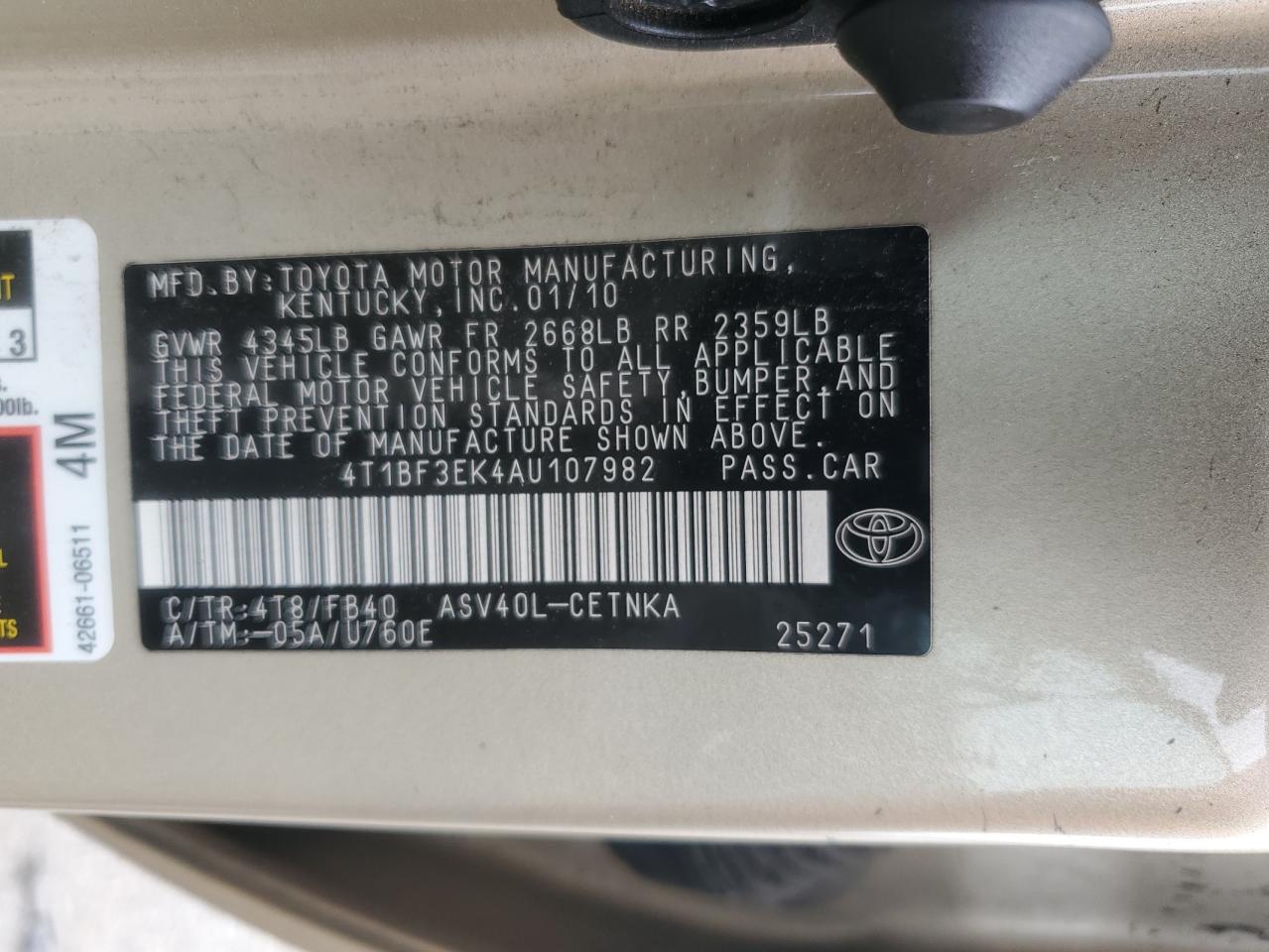2010 Toyota Camry Base VIN: 4T1BF3EK4AU107982 Lot: 57565705