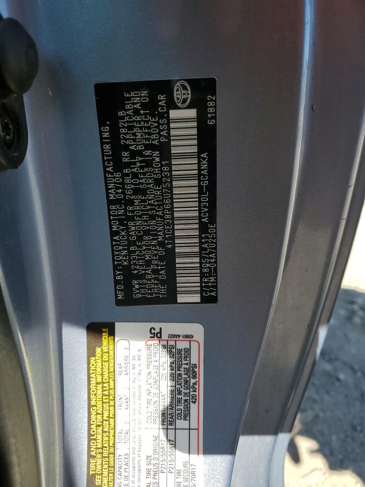 2006 Toyota Camry Solara Se VIN: 4T1CE38P66U752381 Lot: 57770955
