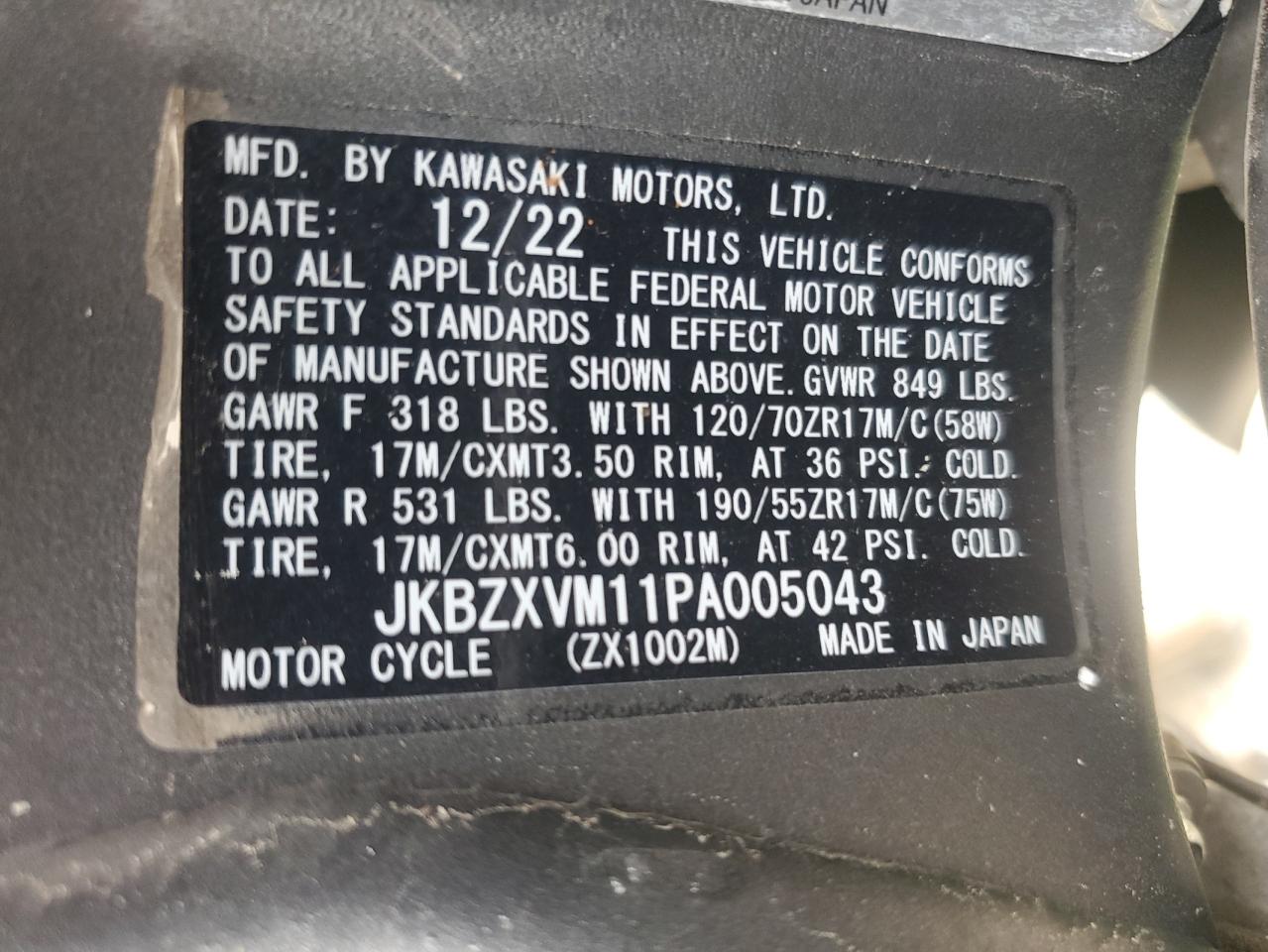 2023 Kawasaki Zx1002 M VIN: JKBZXVM11PA005043 Lot: 57155955
