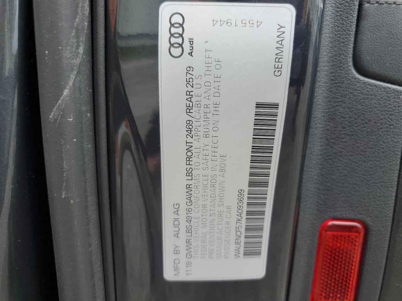 2019 Audi A5 Premium Plus S-Line VIN: WAUENCF57KA093699 Lot: 56277415