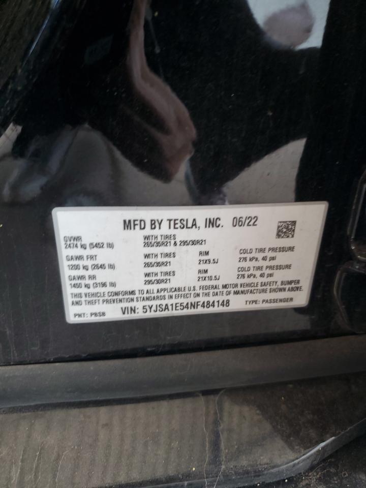 2022 Tesla Model S VIN: 5YJSA1E54NF484148 Lot: 56592505