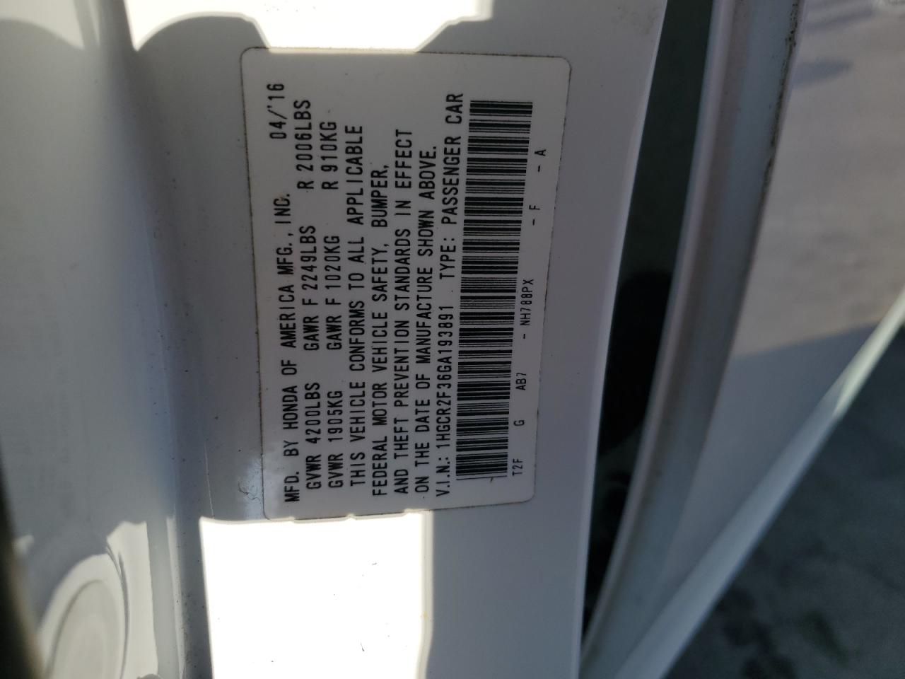 1HGCR2F36GA193891 HONDA ACCORD 2016
