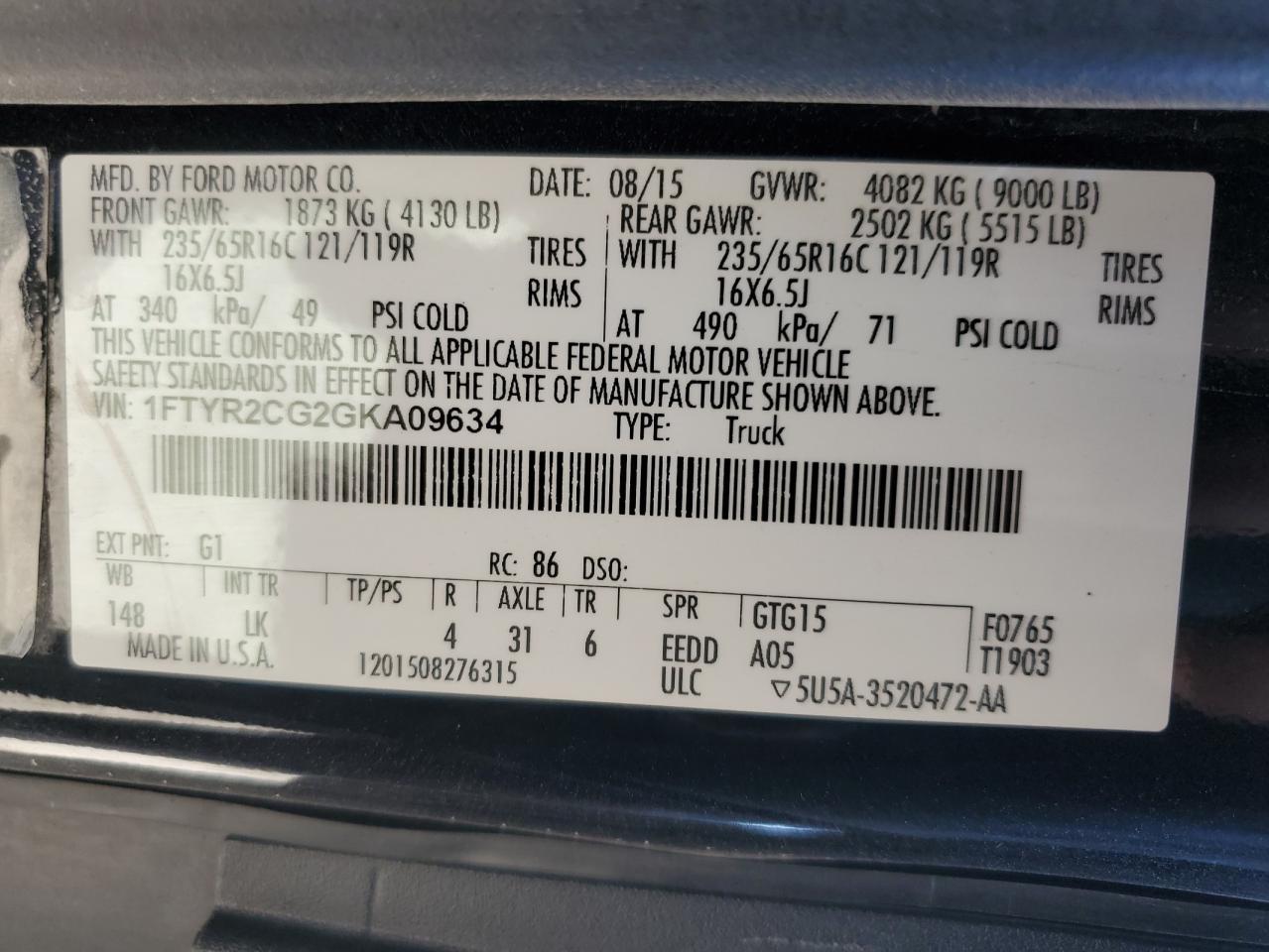 1FTYR2CG2GKA09634 FORD TRANSIT 2016