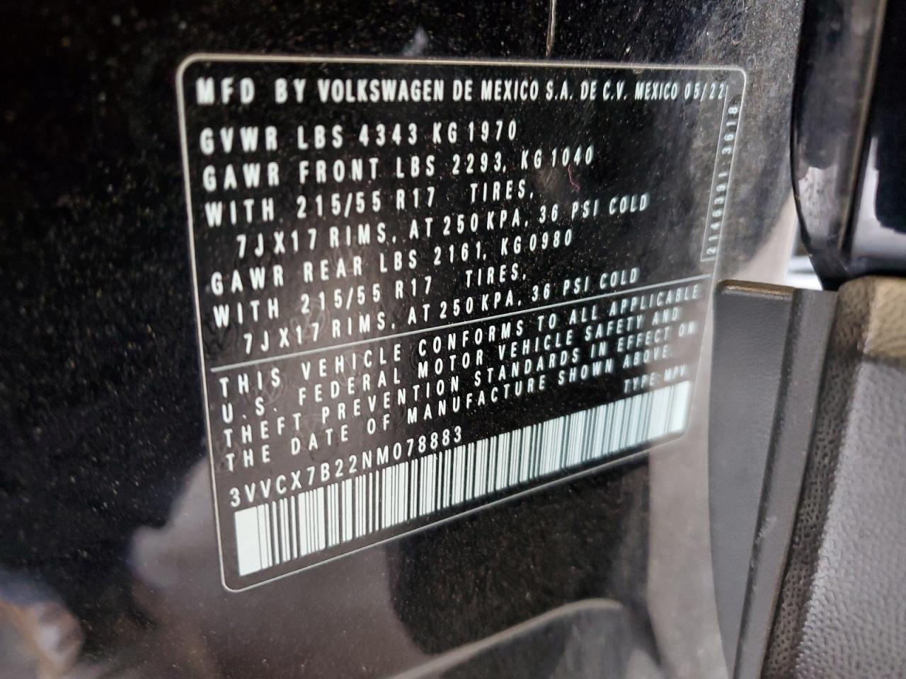 2022 Volkswagen Taos S VIN: 3VVCX7B22NM078883 Lot: 57510815