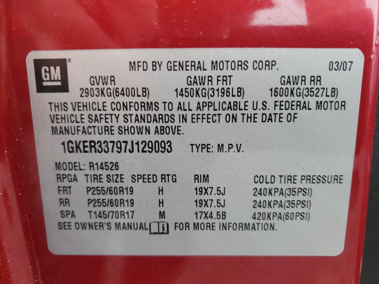 2007 GMC Acadia Slt-2 VIN: 1GKER33797J129093 Lot: 57114105